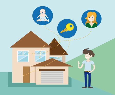 the man with the keys rejoices new home in which they live, his wife and childのイラスト素材