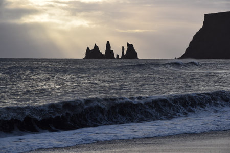 Sunset at Reynisfjara Beach, Iceland, Europe.の素材