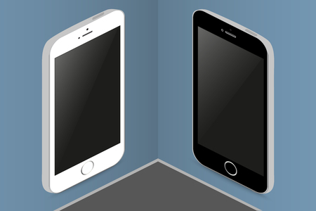 Two phones in different colors on the wall  hanging billboardsのイラスト素材