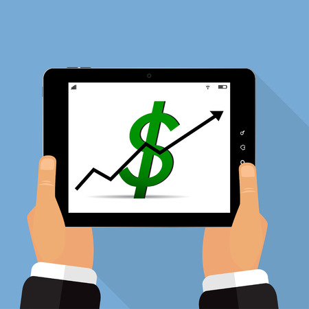 Tablet in hand on a blue background illustration  of a stylishのイラスト素材