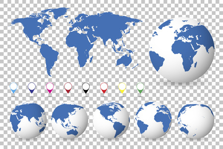 Set of globes with different continents and a map earth, isolated backgroundのイラスト素材