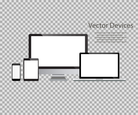 Set of realistic computer monitors, laptops, tablets and mobile phones. Electronic gadgets, isolated, on isolated backgroundのイラスト素材