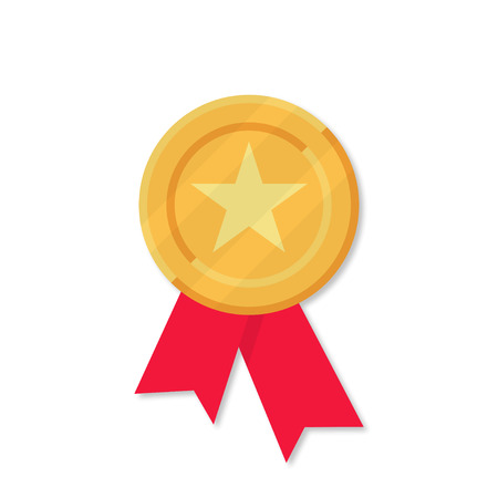 Gold medal with red ribbons in flat style on white background, vectorのイラスト素材