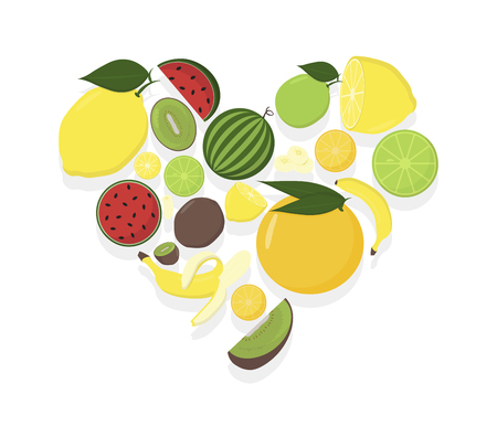 Fruit in heart. Summer set of fruits. Vector illustrationのイラスト素材
