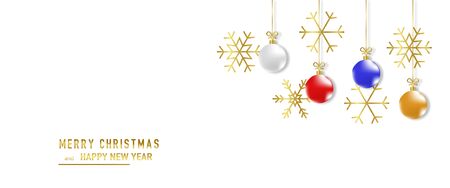 Golden christmas balls on yellow background. Christmas golden ornaments. White background. Merry christmas, bannerのイラスト素材