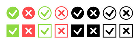 Green check mark and red cross icon set. Circle and square style. Vector illustration