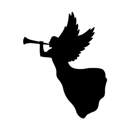 Angel with trumpet. Christmas decor. Black icon.のイラスト素材