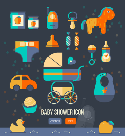 Vector illustration baby shower icon for invitation template, party theme, web design. Flat style. Cute labels. Set of baby shower elements. Toy icons collection.のイラスト素材