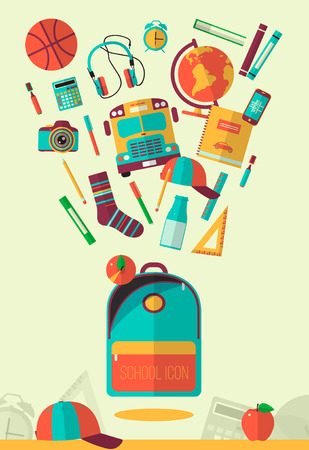 Vector school workspace illustration. Education and school icons set. Flat style, long shadows. High school object, college items. Back to school. Creative banner, card with flying teenager objects.のイラスト素材