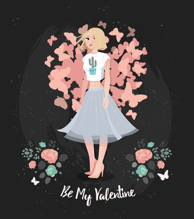 Happy Valentines Day design. Vector fashion greeting card print girl in love.のイラスト素材