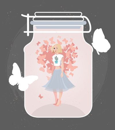 Vector card print with girl in love. Happy Valentines Day design.のイラスト素材