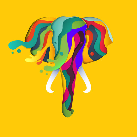 Vector elephant in paper cut style. Abstract geometric elephant with splashes of color.のイラスト素材