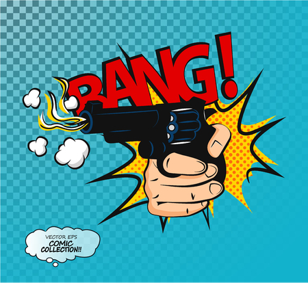 Pop art comic bubbles design. Lettering Bang, pistol shot. Comic speech phrase print.のイラスト素材