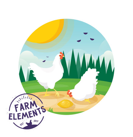 Farm cartoon chicken vector illustration. Farmer Eco label designのイラスト素材
