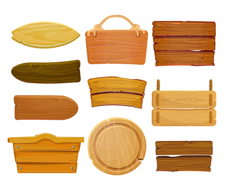 Cartoon brown wooden plate and ribbons. Old west wood board, vector set isolate on white background.のイラスト素材