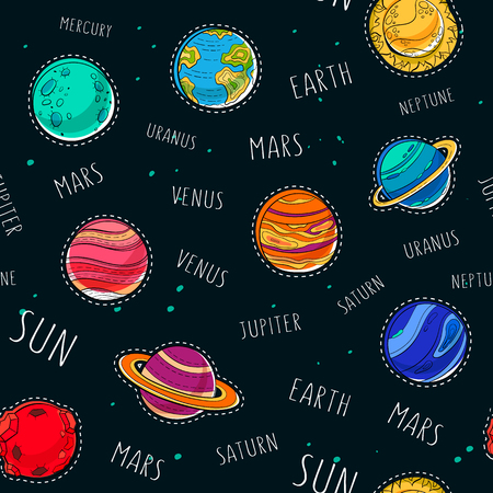 Vector seamless cosmic pattern in cartoon style. Solar system funny print.のイラスト素材