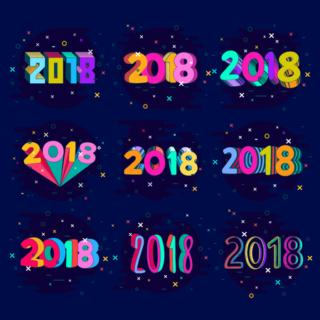 Vector illustration set with hand drawn new year lettering. Greeting card design with typography 2018 number designのイラスト素材