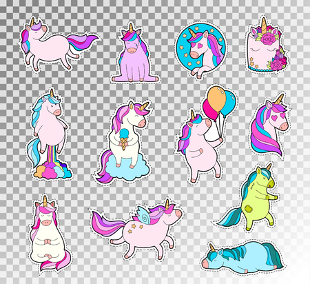 Colored doodle set of cute unicorn. Vector sketch illustration of unicorn emotions sticker.のイラスト素材