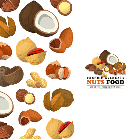 Nuts label, banner, product card cover. Nut food of cashew, walnut, nutmeg and other. Coconut.のイラスト素材