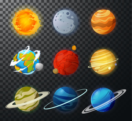 Space planets, asteroid, moon, fantastic cosmic illustration. Education solar planets illustration like mars, sun and earth.のイラスト素材