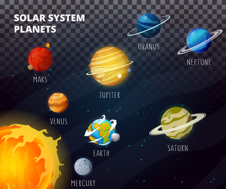Space planets, moon, fantastic cosmic print. Education solar planets illustration like mars, sun and earth.のイラスト素材