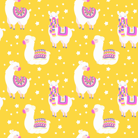 Seamless pattern with llama, star elements. Vector baby animal illustration.のイラスト素材