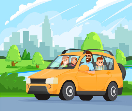 A trip to the countryside. Vector flat style illustration. Travelling by car.のイラスト素材