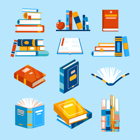 Set of isolated reading book icons. Literature for study or education icons. Library and school, university, publication elements.のイラスト素材
