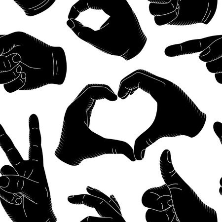 Vintage print with human hand icons. Gestures meaning Okay, Rock and Roll, pointer, a hand showing symbol Like.のイラスト素材
