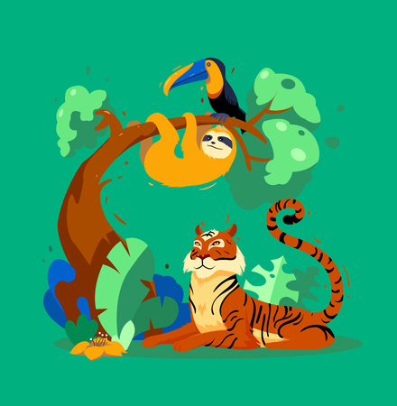 Vector tropical jungle print with sloth, tiger and toucan in cartoon style. Jungle animals and tropical plants vector illustration.のイラスト素材