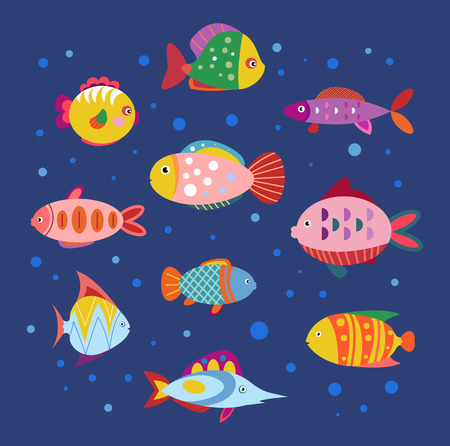Ornamental color fish. Vector illustration. Freshwater aquarium cartoon fishes.のイラスト素材