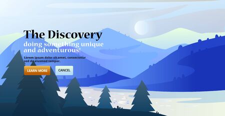 Banner with minimalistic nature design. Landing page slider banner with nature scene, with mountains, forest. Site template.のイラスト素材