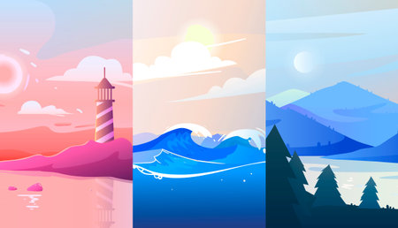 Abstract background of lighthouse on the coast, national park with a lake, stormy sea with waves.のイラスト素材