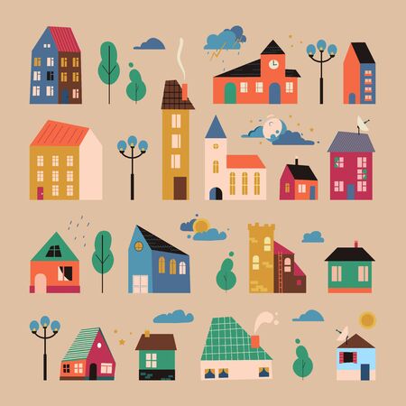 Cartoon elements of geometric houses, streets, weather icons.Residential area minimalistic print pattern.のイラスト素材