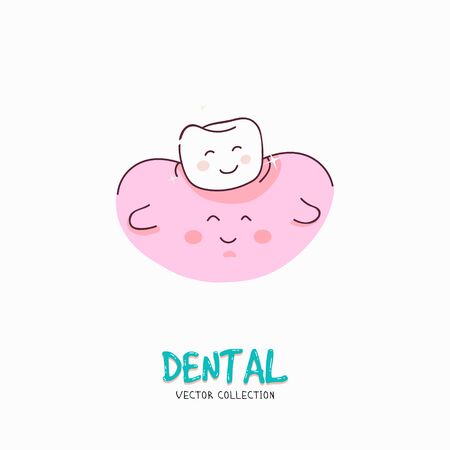 Clean Tooth shinning. Dental personage vector illustration. Illustration for children dentistry. Oral hygiene, teeth cleaning. Doodle styleのイラスト素材