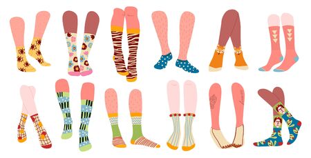 Bundle of trendy male and female legs in different high and low socks, colorful modern vector illustration. Funny socksのイラスト素材