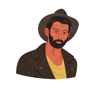 Real man portrait avatar - hand drawn. Hipster man portrait, guy in a leather jacket print in sketch style. Vector concept face avatar, icon.のイラスト素材