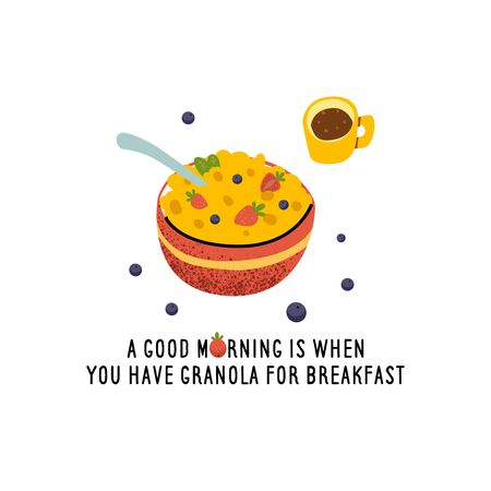 Oatmeal flakes, granola. Advertisement Vector Illustration. Breakfast top view print. Morning food menu design. Coffee, english breakfast. Concept for card, posterのイラスト素材