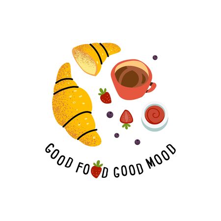 French croissants with jam and coffee. Breakfast top view print. Morning food menu design. Coffee, french breakfast. Concept for card, posterのイラスト素材