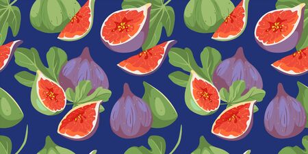 Tropical summer fruits seamless pattern. Fig tree cover with leaves and fruits in hand drawn style. Vector fabric design with figs, different varieties of fruits in bright colors.のイラスト素材