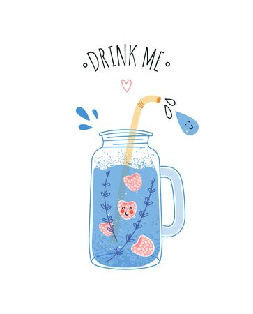 Vector card or poster with water fasting illustration concept in hand drawn style, correct daily habits. Drink me water printのイラスト素材