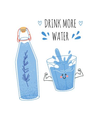 Vector card or poster with water fasting illustration concept in hand drawn style, correct daily habits, morning rituals. Quote Drink more water printのイラスト素材
