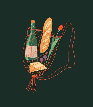 String shopper bag with products from the store, market.  Bread, Cheese, Wine and Flowers in net package. Zero waste print. Healthy eatingのイラスト素材