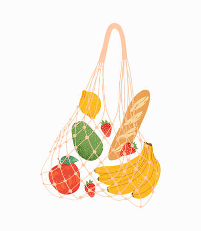 Shopping bag. Grocery purchases, turtle nets bag with natural food, organic fruits and vegetable.のイラスト素材