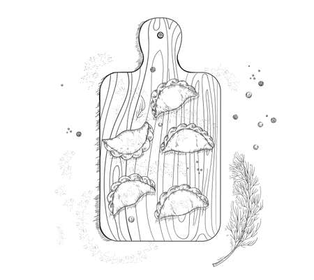 Vareniki. National russian, ukraine cuisine. Meat dumplings illustration in sketch style. National dishes. Food sketch design, isolated element.のイラスト素材