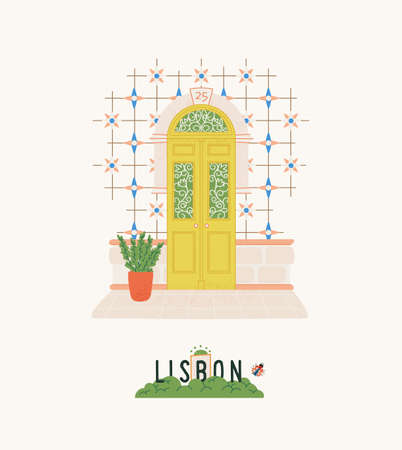 Portugal travel postcard. Lisbon city print with exterior elements: beautiful door, azulejo tile. Design for poster, t-shirt.のイラスト素材