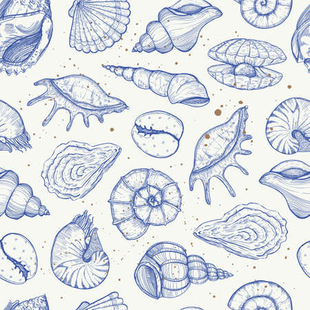 Sea tropical pattern in sketch style, with various mollusk, shells different forms. Hand drawn illustration for wrapping paper, fabric print.のイラスト素材
