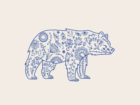 Bear folk graphic element Nature  , textile print. Wild Bear totem animal, vector hand drawn illustration.のイラスト素材