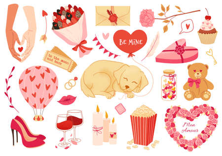 Set of valentines day stickers, elements, love symbols and romantic icons. Vector flat illustration.の写真素材