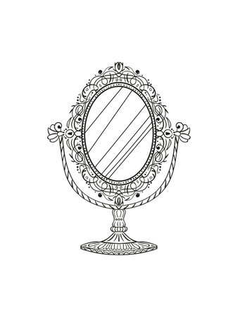 Freehand pencil drawing of a vintage table mirror. Sketchy antique baroque mirror. Vector illustration.のイラスト素材